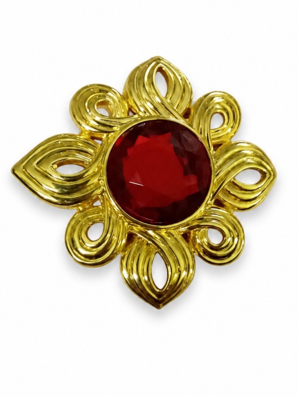 Vintage KJL Gold Tone Brooch with Red Center Lucite Cabochon
